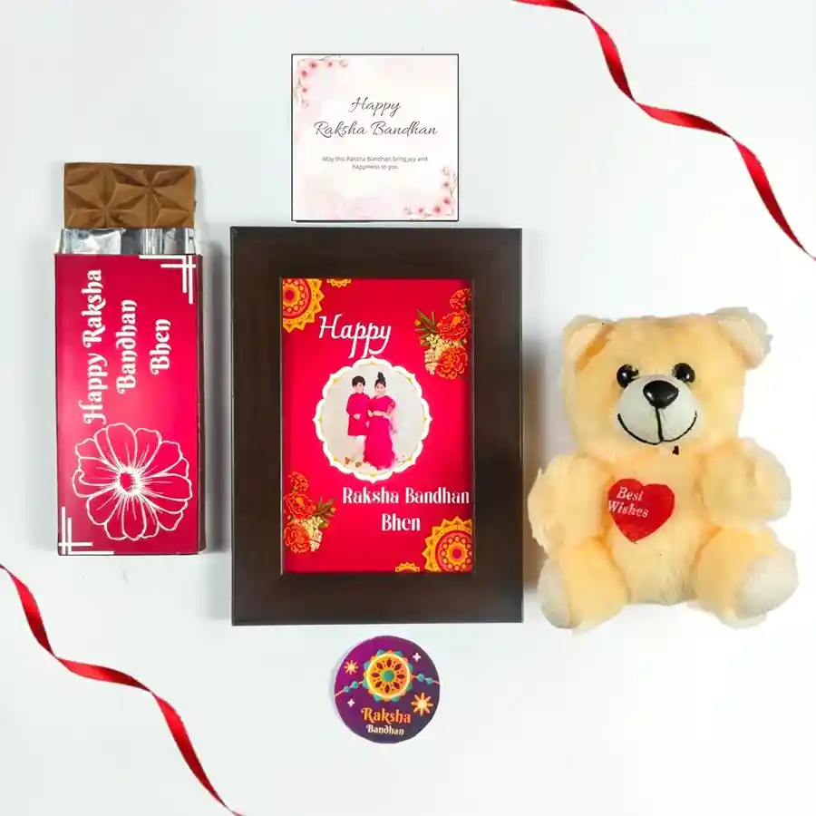 Sisterly Bond Rakhi Gift Collection for Raksha Bandhan with chocolate, teddy, photo frame, and greeting card.