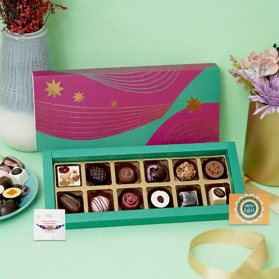Choco-Luscious Rakhi Treats Delight with Evil Eye Rakhi and assorted chocolates.