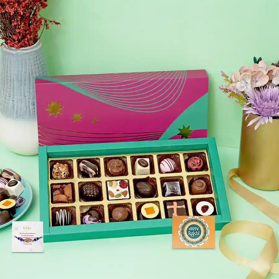 Evil Eye Rakhi paired with 18 assorted chocolates in a festive gift set.