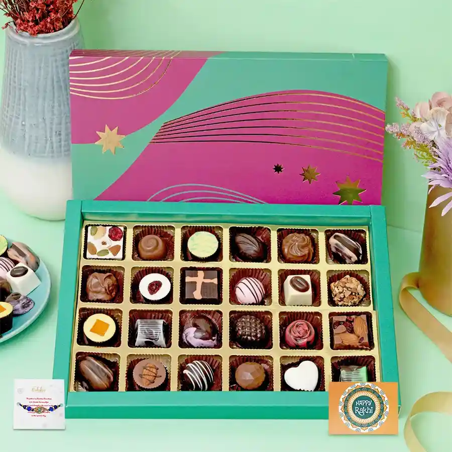 Rakhi gift set with Evil Eye Rakhi and assorted chocolates.