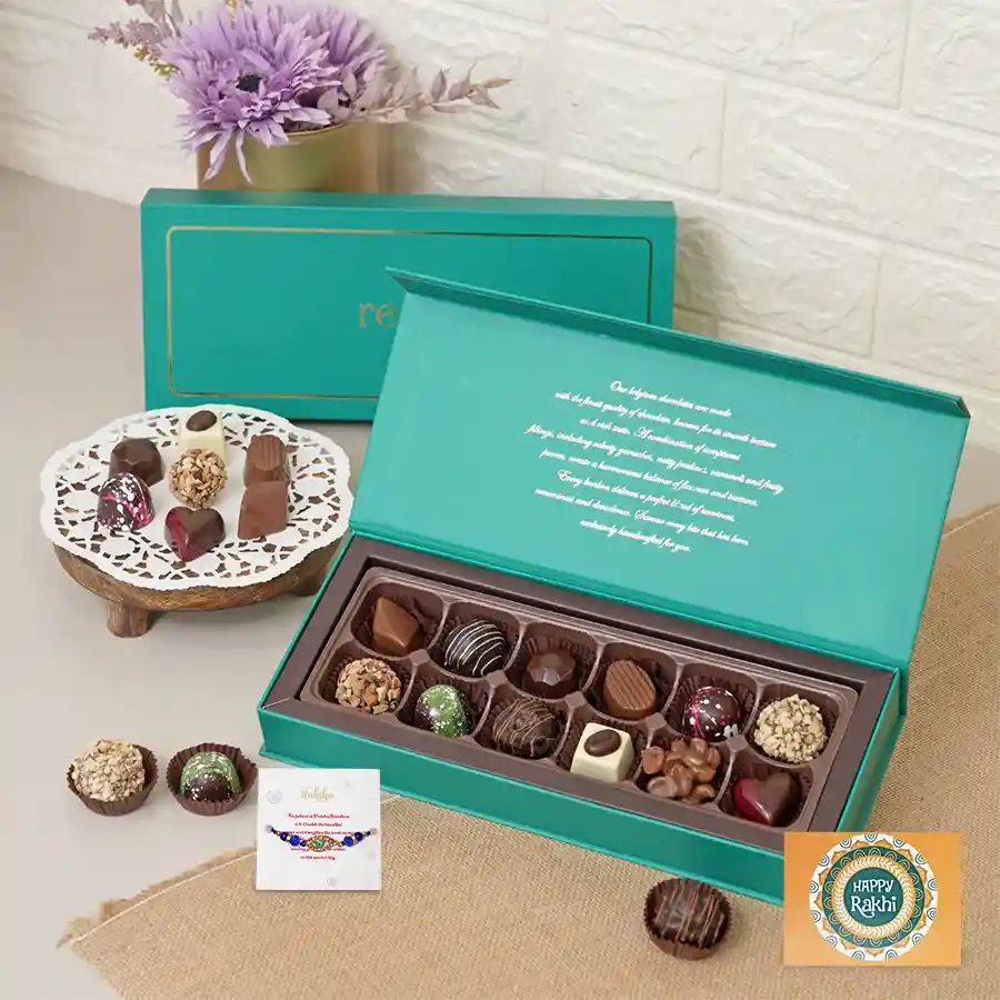 Rakhi & Chocolate Charm Duo featuring Evil Eye Rakhi and 12 assorted chocolates for Raksha Bandhan.