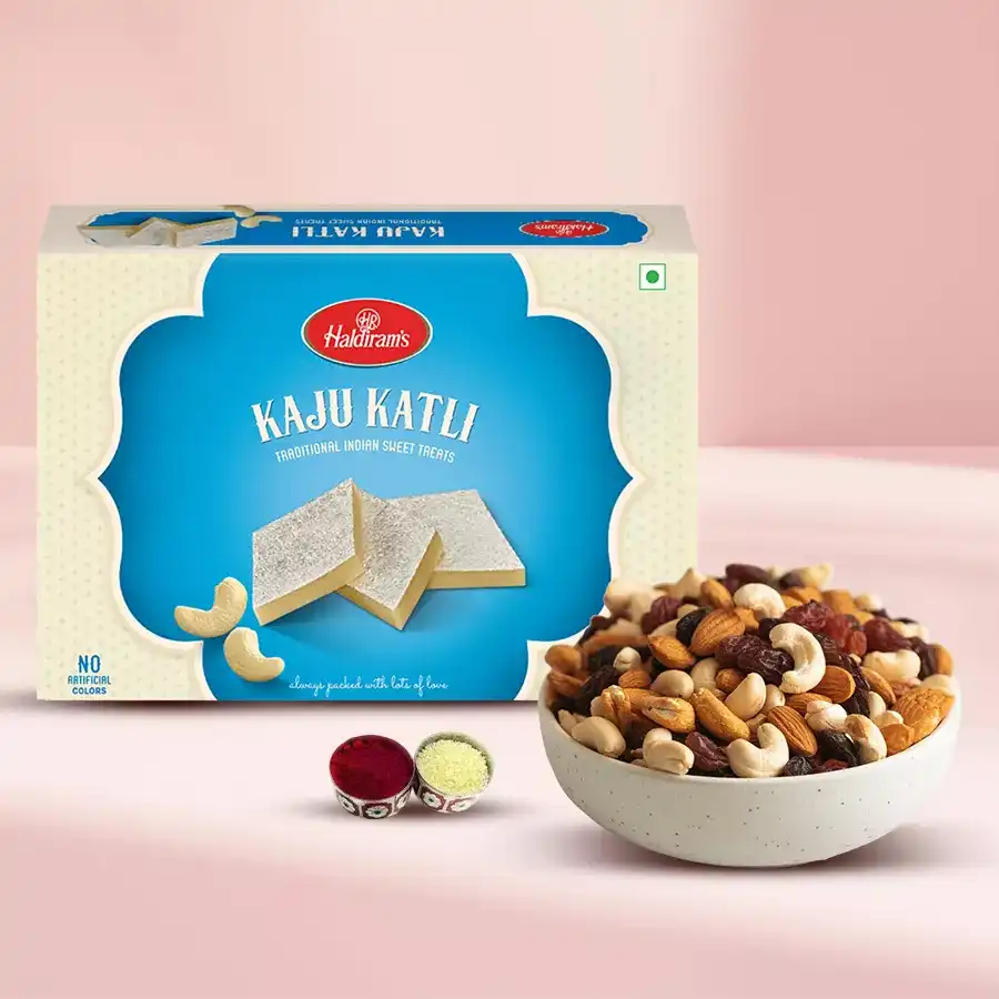 Kaju Katli and Dry Fruits bundle with Bhai Dooj Tika and Chawal