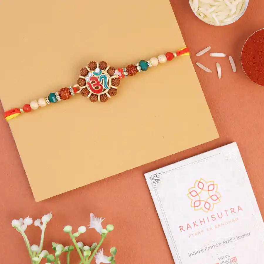 Elegant Om Rudraksh Rakhi gift set with Roli Tika
