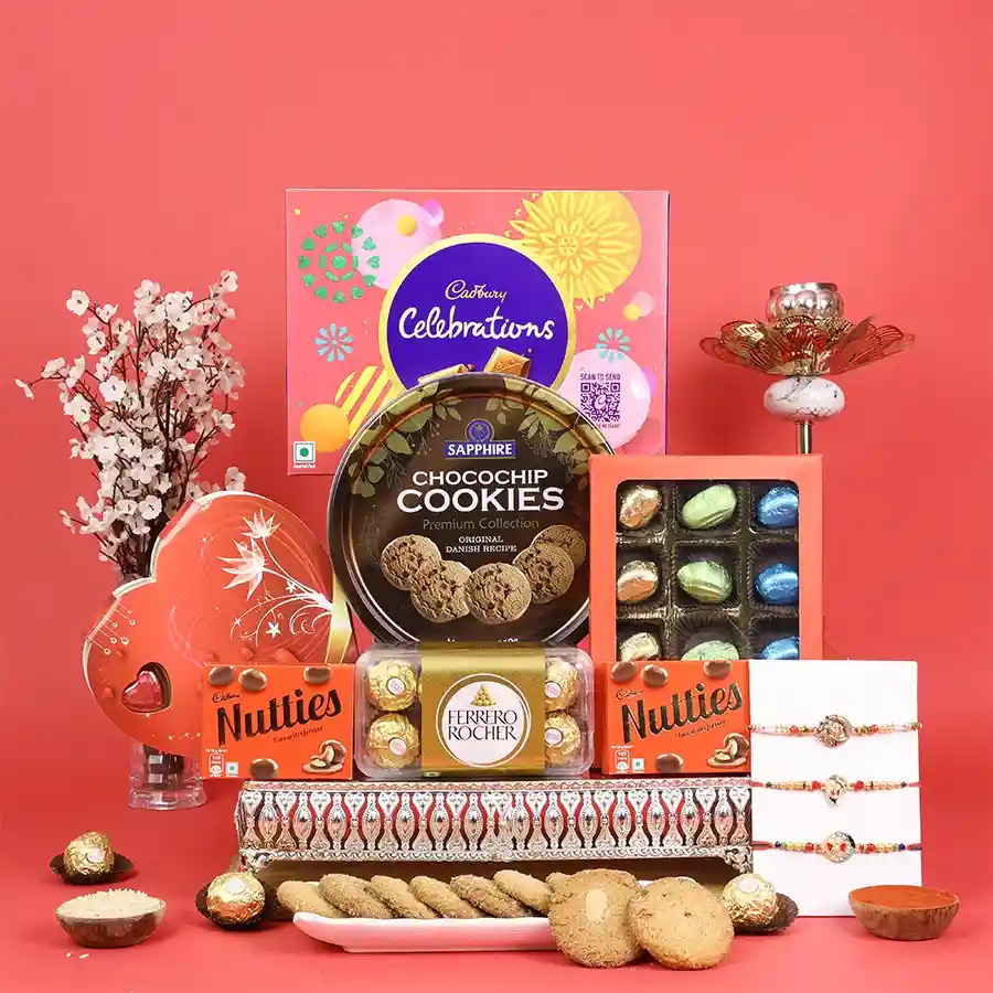 Festive Rakhi gift box featuring Ganesh Rakhis and chocolates