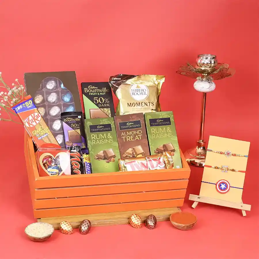 Chocolate Bliss Rakhi Set with Rakhis and various chocolates