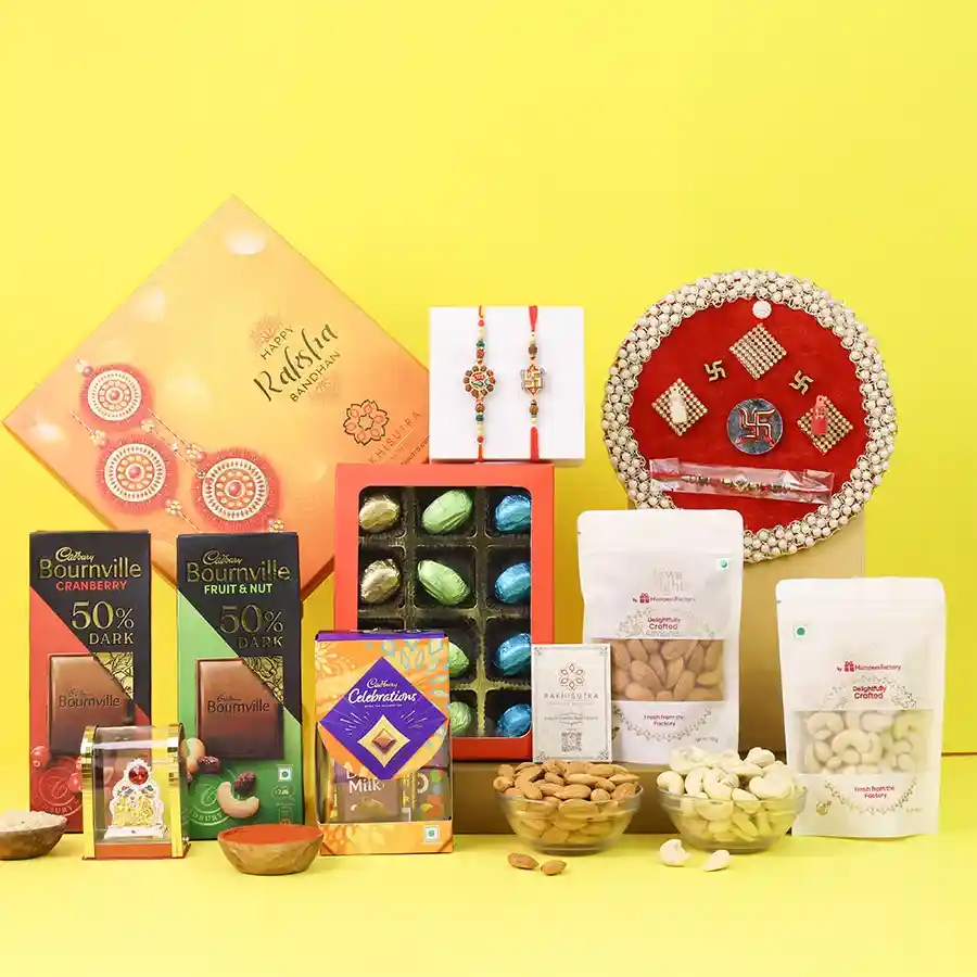 Traditional Rakhi delight hamper with chocolates and spiritual items.