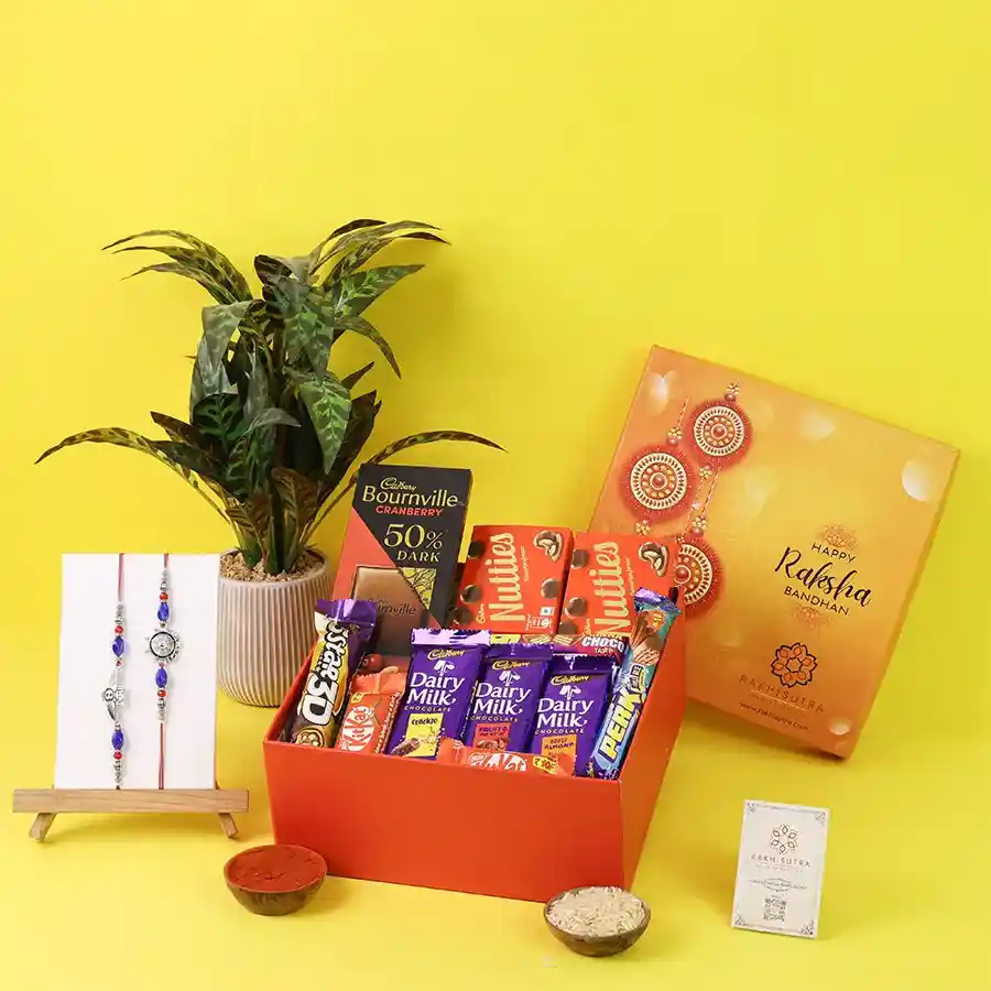Colorful rakhi and chocolate gift set for siblings.
