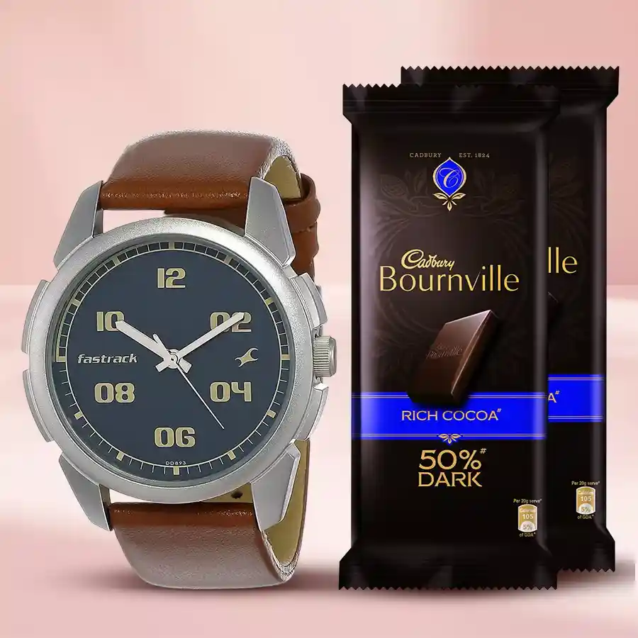 Casual Analog Blue Dial Men’s Watch with Brown Leather Band and two Cadbury Bournville chocolate bars