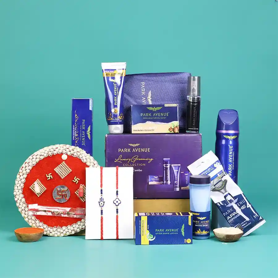 Sophisticated Rakhi and Grooming Package with traditional elements