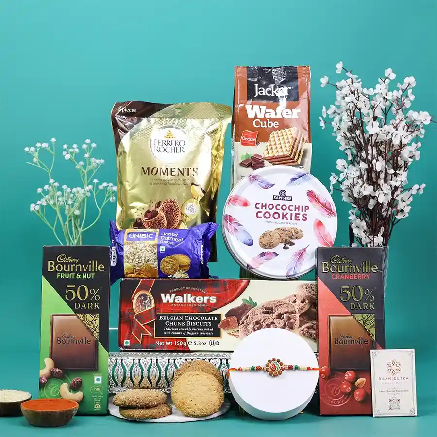 Elegant OM Rakhi Gift Box filled with treats
