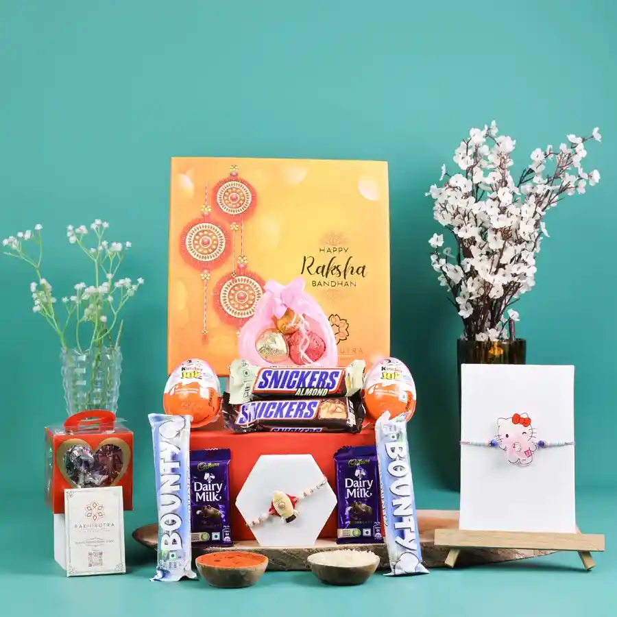 Festive Rakhi treats box with Rakhis and assorted chocolates.