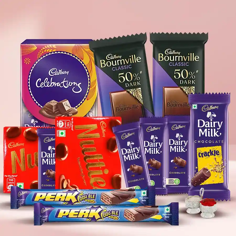 Yummy Chocos Gift Hamper for Bhai Dooj featuring an assortment of Cadbury chocolates with Roli, Tika, and Chawal for celebration.