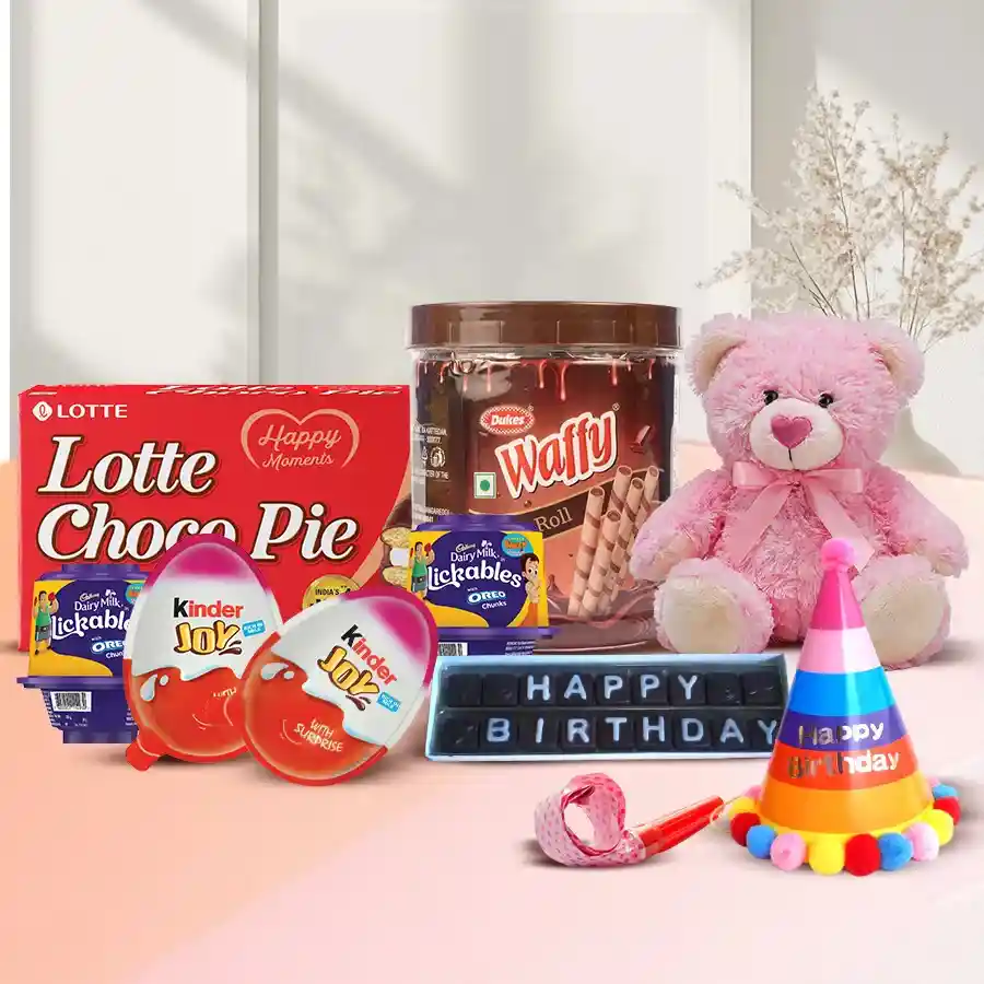Satisfying Chocolate Treats and Birthday Assortment featuring Lotte Chocopie, Kinder Joy, Cadbury Lickables, a 6-inch soft teddy, and festive birthday accessories