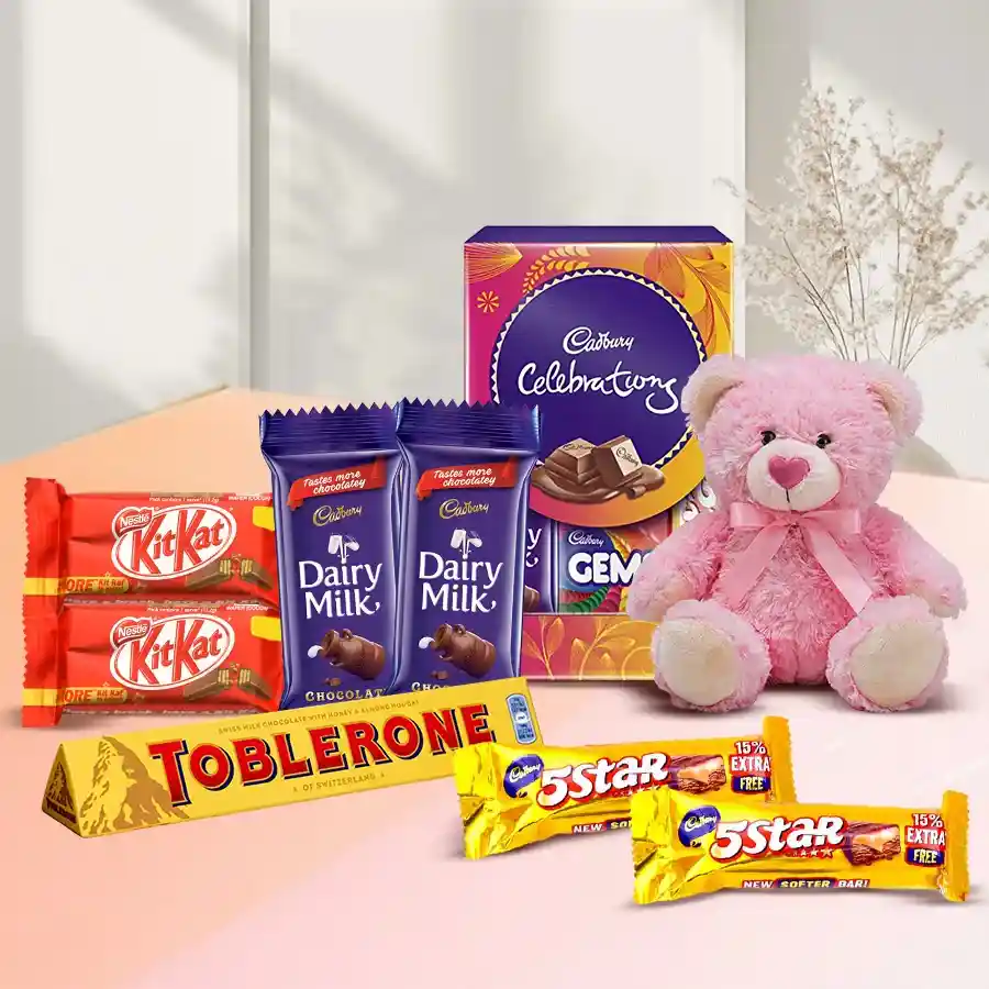Special Holiday Delight Gift Hamper filled with chocolates and a cute bear