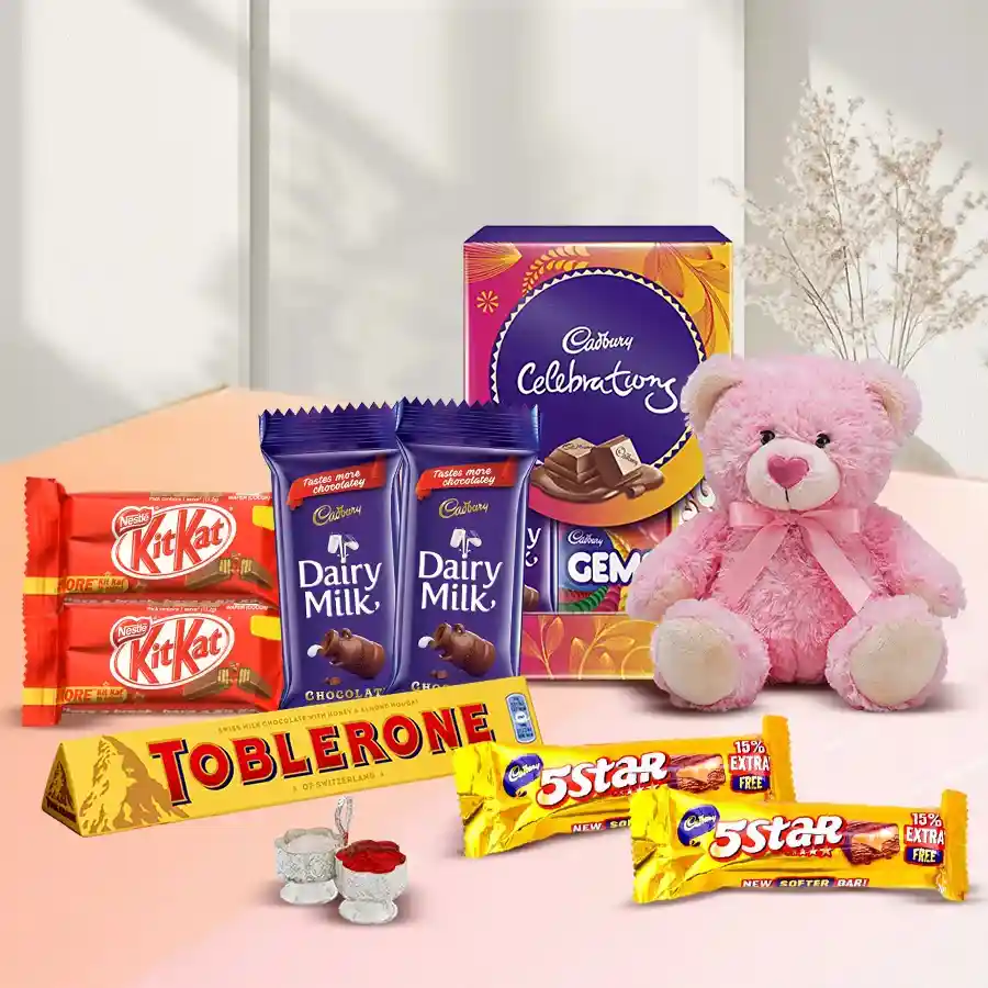 Combo of chocolates and a teddy bear for Bhai Dooj celebration