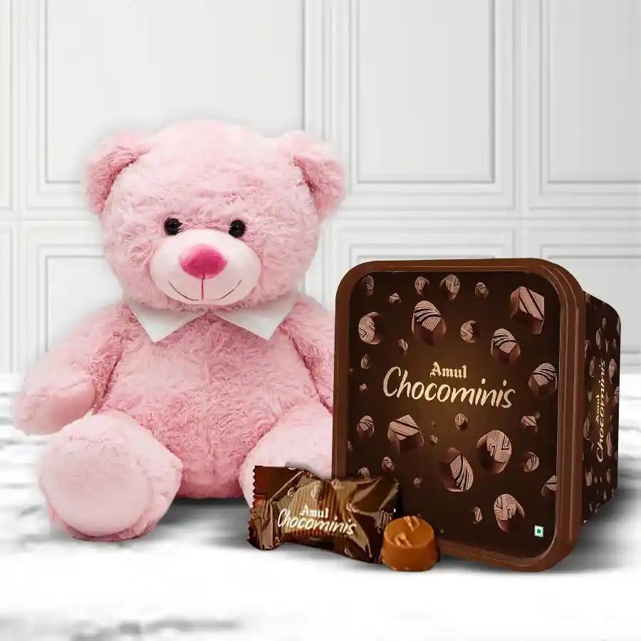Chocolaty Surprise Hamper featuring Amul Chocominis Milk Chocolates and a cuddly teddy bear