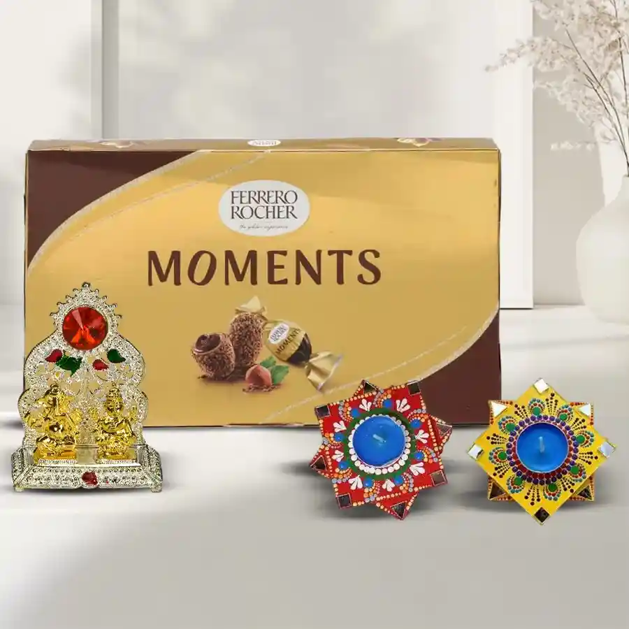 Antique Ganesh Laxmi Mandap with Dot Mandala Art Diya Set and Ferrero Rocher Chocolate arrangement for Diwali celebration.