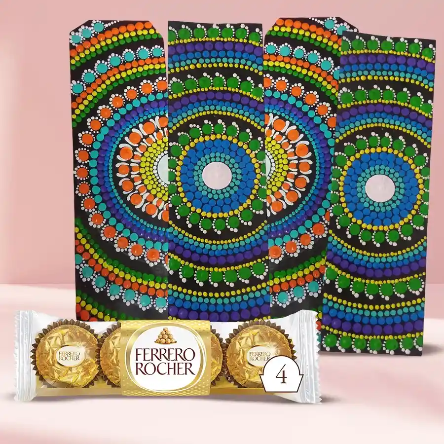 Dot Mandala Art Bookmark with Ferrero Rocher chocolates, showcasing vibrant colors and a charming design.