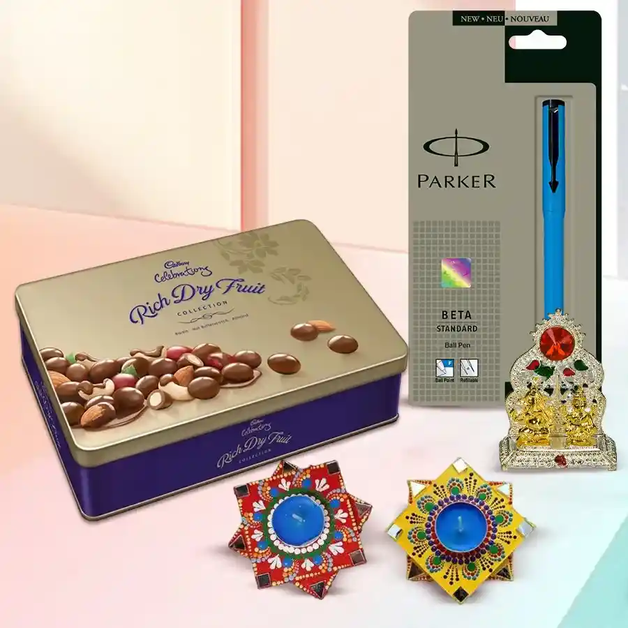 Remarkable Diwali gift hamper featuring Cadbury chocolates, a Parker pen, an Antique Ganesh Laxmi Mandap, and two handcrafted Dot Mandala Art Diyas.
