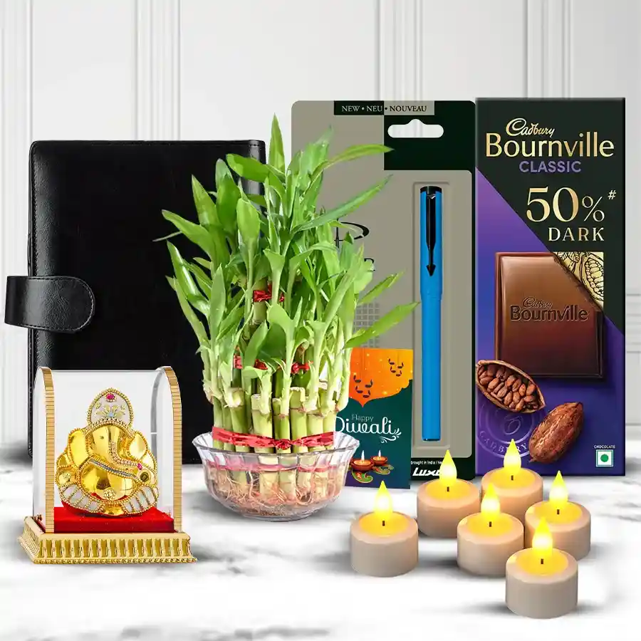 Exclusive Corporate Diwali Gifts Hamper featuring a planner diary, Parker Beta pen, Cadbury Bournville Rum n Raisins, Lucky Bamboo Plant, Vighnesh Ganesh statue, LED candles, and a Diwali card.