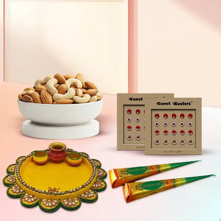 Elegant Karwa Chauth Shagun Gifts hamper featuring a Designer Pooja Thali, premium almonds, crunchy cashews, herbal Mehndi cones, and stylish designer bindis.