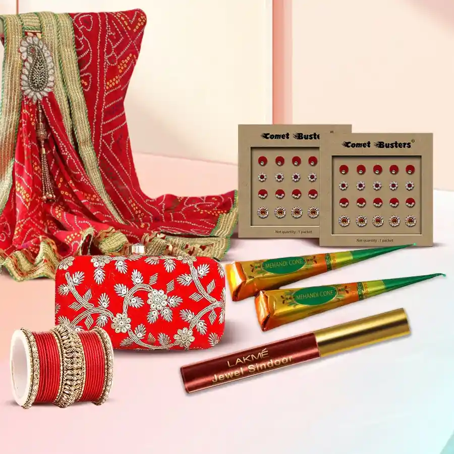 Wonderful Karwa Chauth Sringar Gift Bag featuring a red designer purse, Bandhani dupatta with Gota and Zari work, Lakme sindoor, 13 elegant suhagan bangles, mehndi cones, and designer bindis.