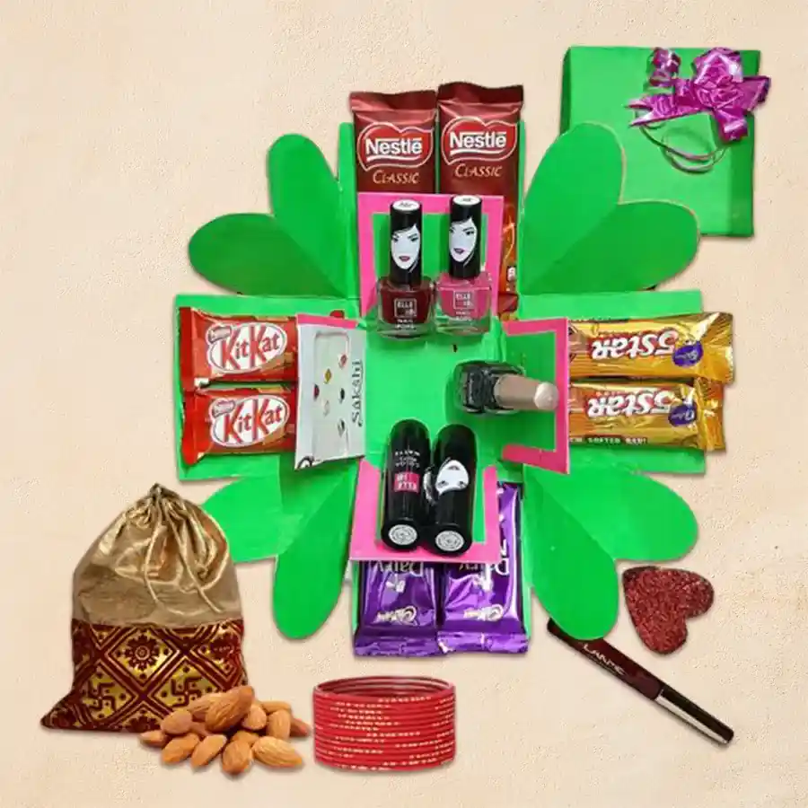 2 Tier Explosion Box filled with cosmetics, chocolates, and almonds