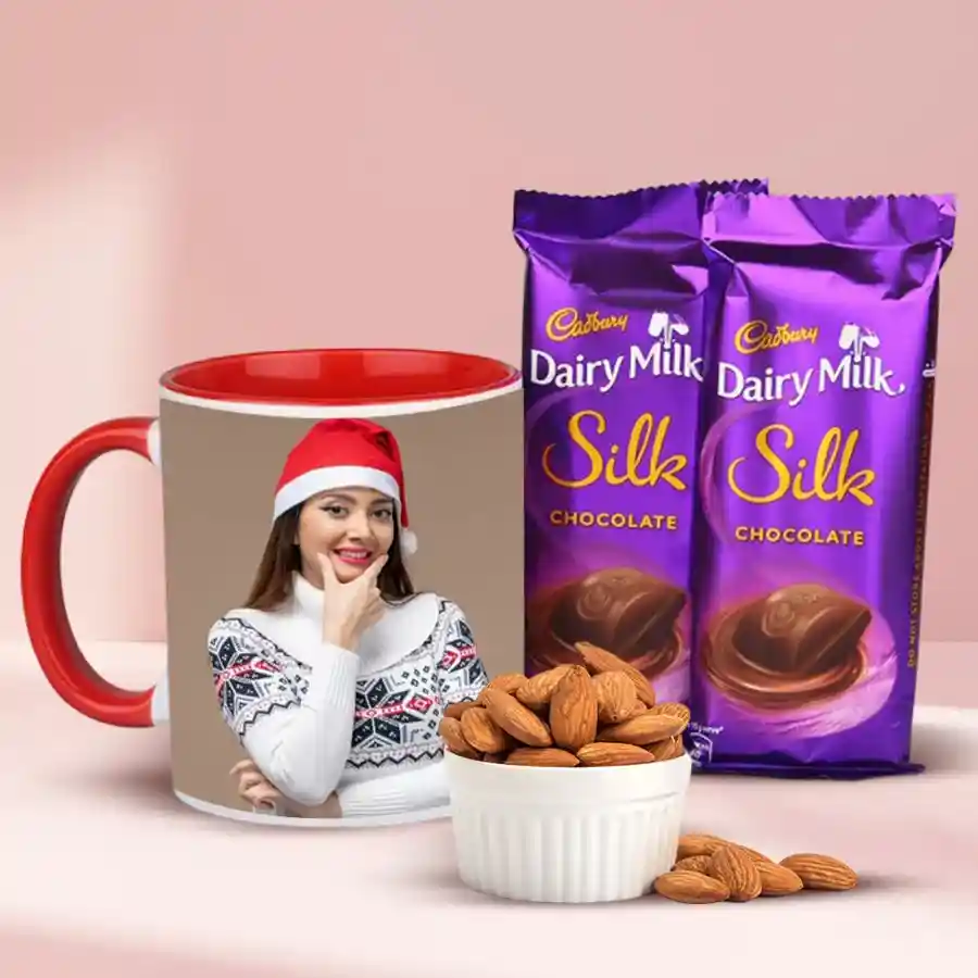Marvelous Photo Coffee Mug Hamper with two Cadbury Silk bars and a pack of premium almonds