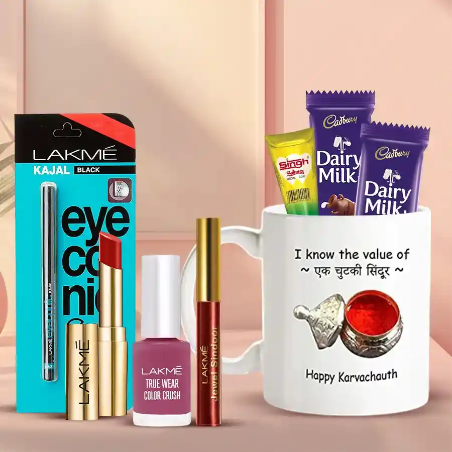 Personalized "Ek Chutki Sindoor" Gift Hamper with coffee mug, Cadbury Dairy Milk chocolates, Lakme beauty products, and herbal mehndi cones