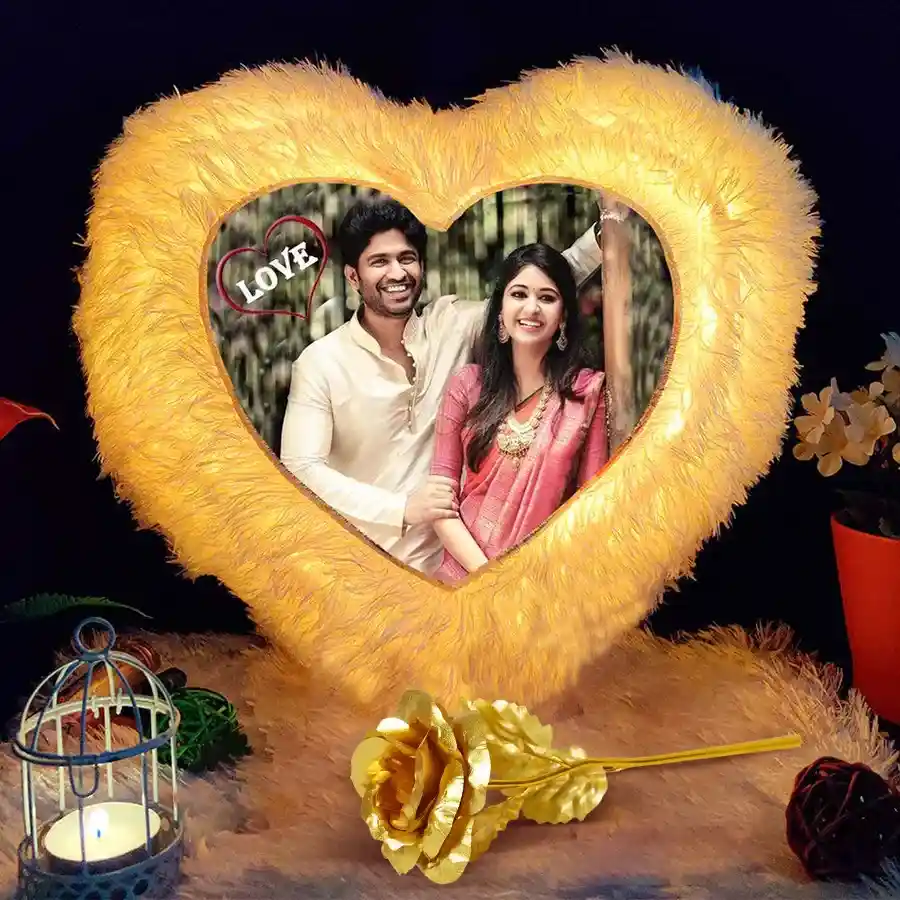 Personalized heart-shaped LED cushion alongside a stunning golden rose, perfect for Karwa Chauth celebrations.