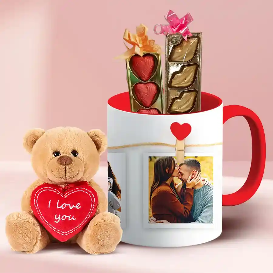 Marvelous Personalized Photo Mug with chocolates and teddy bear for Karwa Chauth celebration