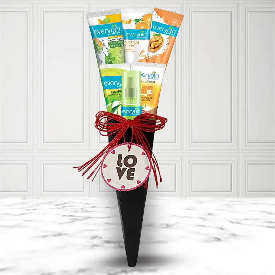 Remarkable Everyuth Face Care Hamper showcasing an elegant collection of skincare products including face wash, peel-off mask, face scrub, sun block lotion, face pack, and micellar cleanser arranged beautifully in a gift box.