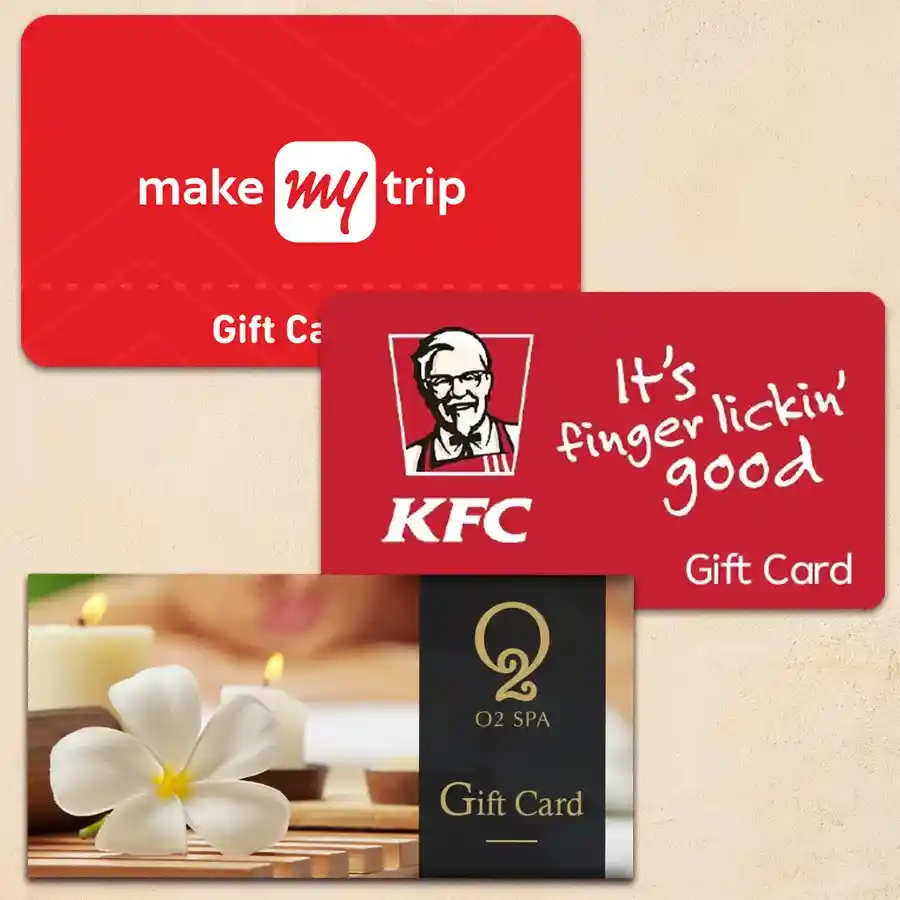 Holiday Gift E Voucher Combo featuring O2 Spa experience, Make My Trip getaway, and KFC delights