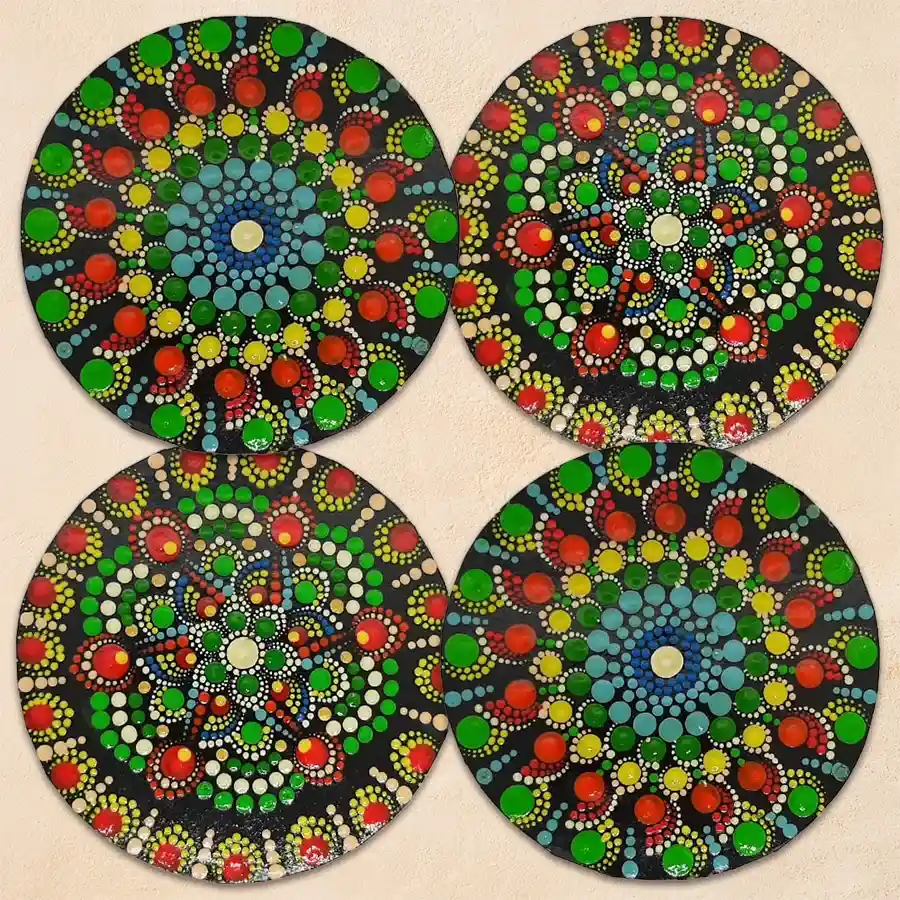 Handmade Dot Mandala Rangoli Set of 4 pieces displayed in vibrant colors for Diwali decoration