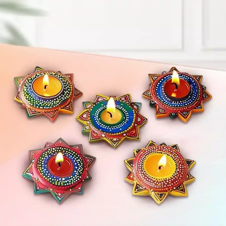 Exclusive Dot Mandala Art Handmade Wax Candle and Diya Set of 5 showcasing intricate designs in a warm, inviting glow.