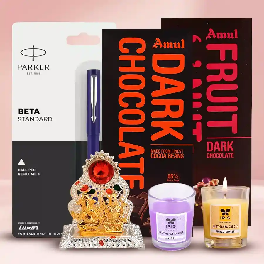 Marvelous Choco Assortments Festive Gift Hamper featuring Amul Fruit n Nut and Milk Chocolate bars, Parker Beta Pen, Antique Ganesh Laxmi Mandap, and Iris Aroma Shots Candles.