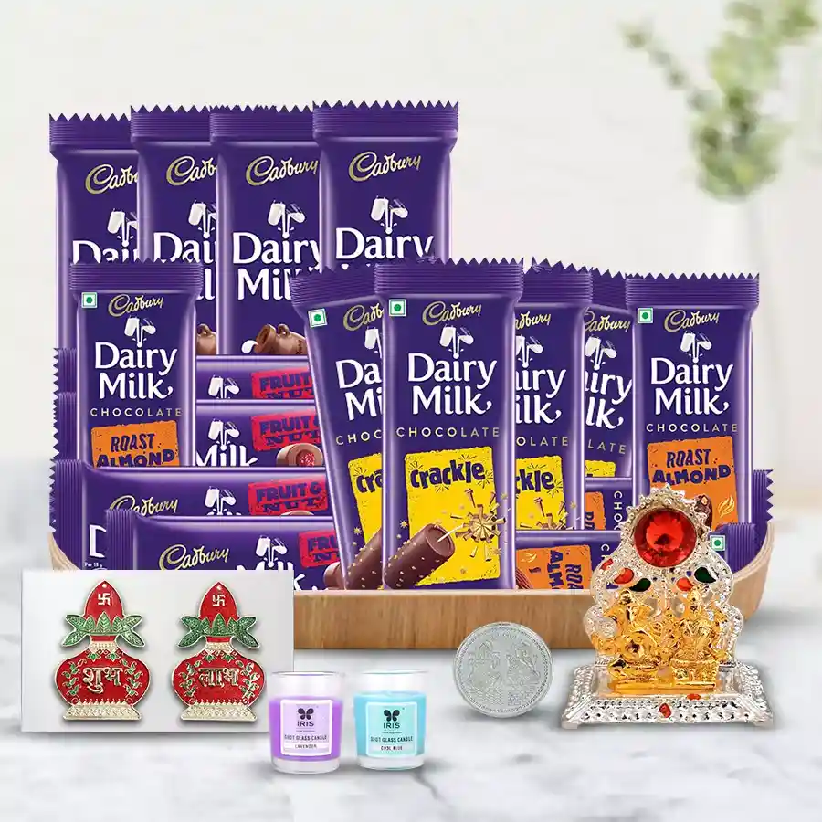 Marvelous Chocos Gift Hamper for Diwali featuring Cadbury Dairy Milk chocolates, Ganesh Lakshmi Mandap, vibrant wall stickers, aroma candles, silver-plated coin, and a wooden tray.