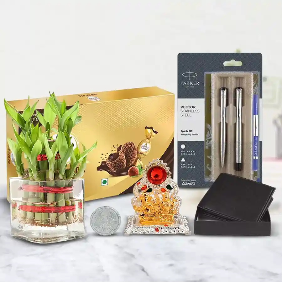 Special Diwali Gift Combo featuring a black leather wallet, two Parker pens, a pack of Ferrero Rocher chocolates, a bamboo plant, a Ganesh Lakshmi Mandap, and a silver-plated Laxmi Ganesh coin.