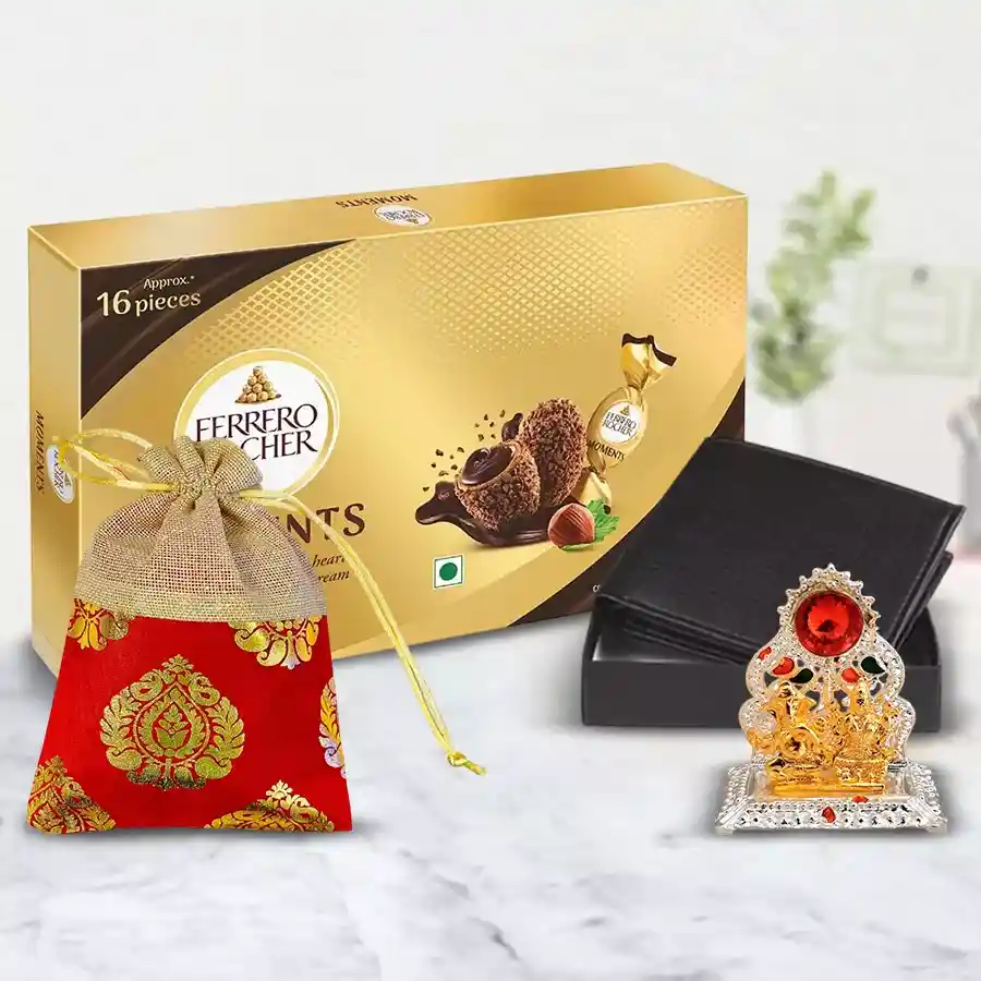 Auspicious Ganesh Laxmi Mandap, black leather wallet, Ferrero Rocher chocolates, and crunchy almonds in a stylish designer potli.