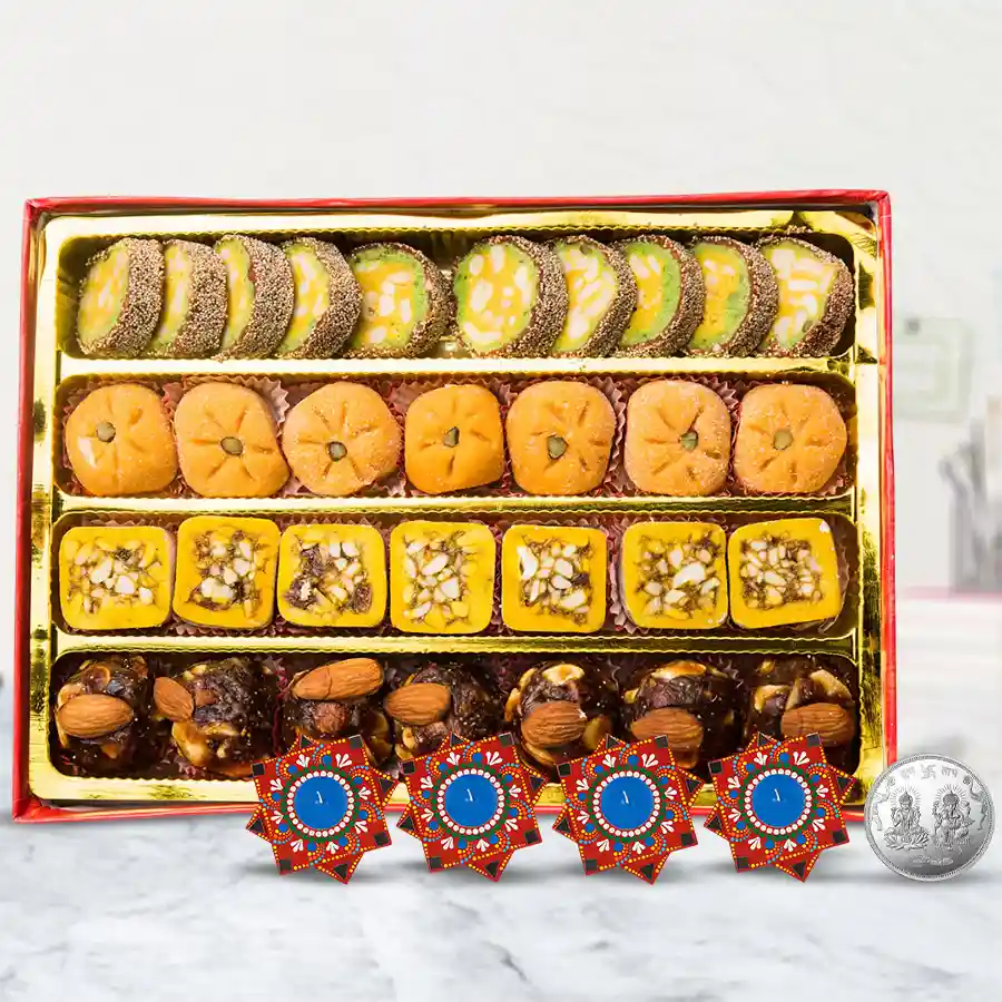 Special Assorted Mawa Sweets box with designer diyas and a silver-plated coin