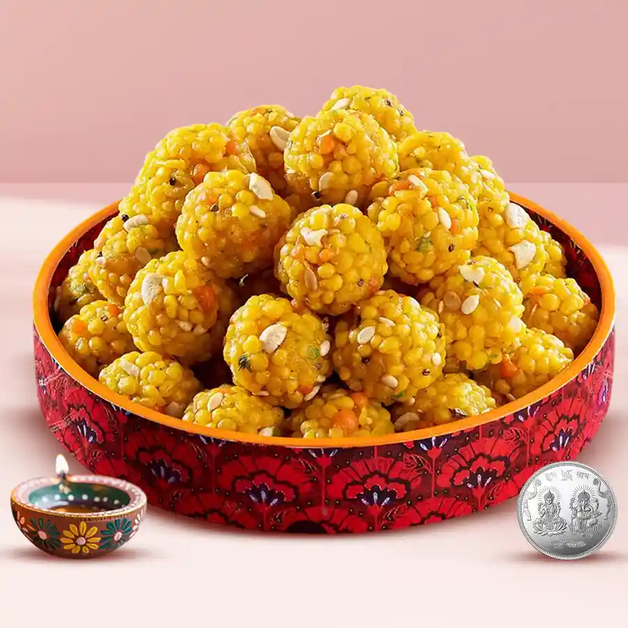 Special Boondi Ladoo pack with silver-plated Laxmi Ganesh coin and designer diya