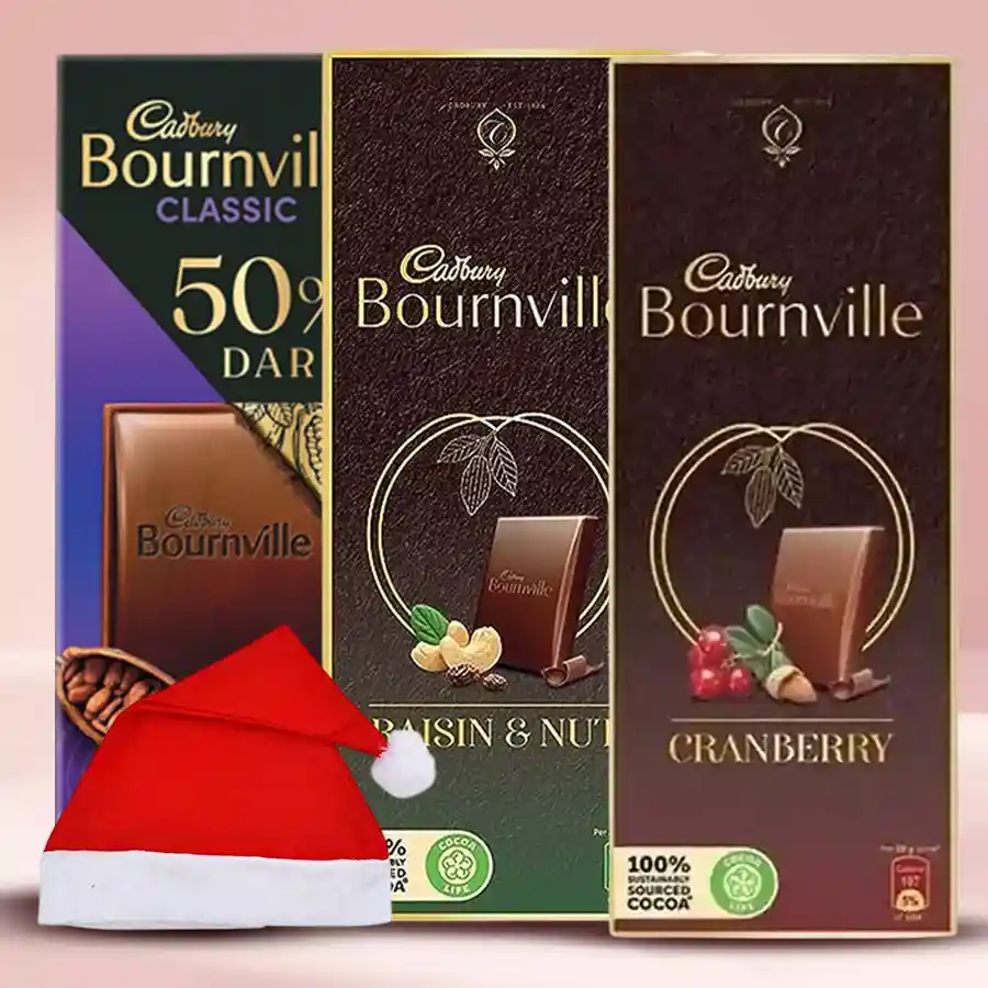 Cadbury Bournville chocolates in Santa Claus cap with three flavors: Cranberry, Rich Cocoa, and Raisins & Nuts, festive packaging