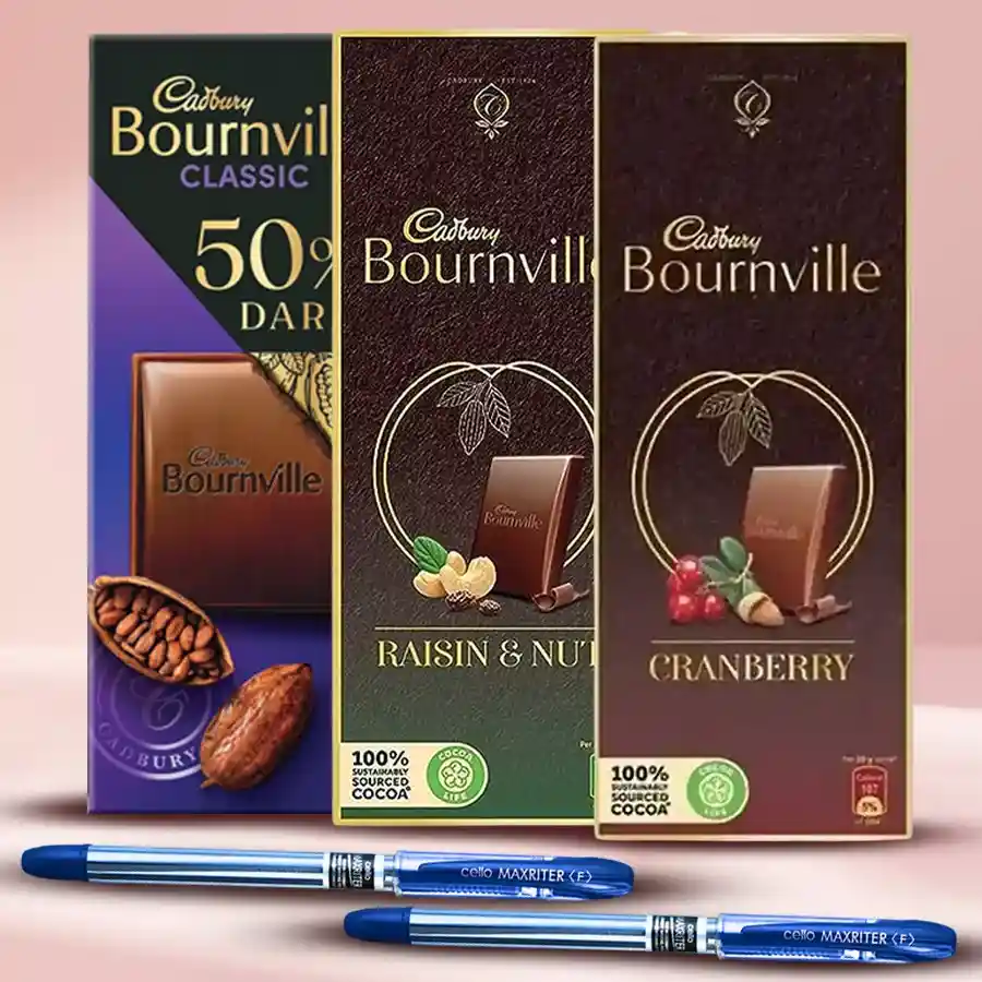 Delicious Cadbury Bournville Chocolate with three flavors and a stylish 2-piece ballpoint pen, perfect gift combo