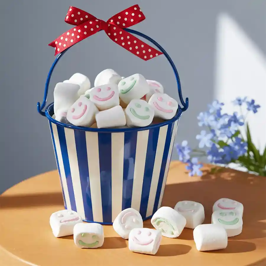 Enticing marshmallows in a stylish tin bucket, perfect for holiday gifting and cozy moments.