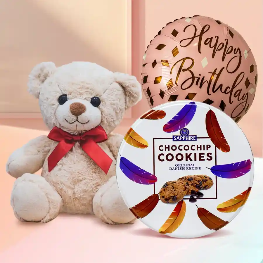 Delightful Chocochip Cookies combo featuring 150g cookies, a 9-inch teddy bear, and a birthday Mylar balloon