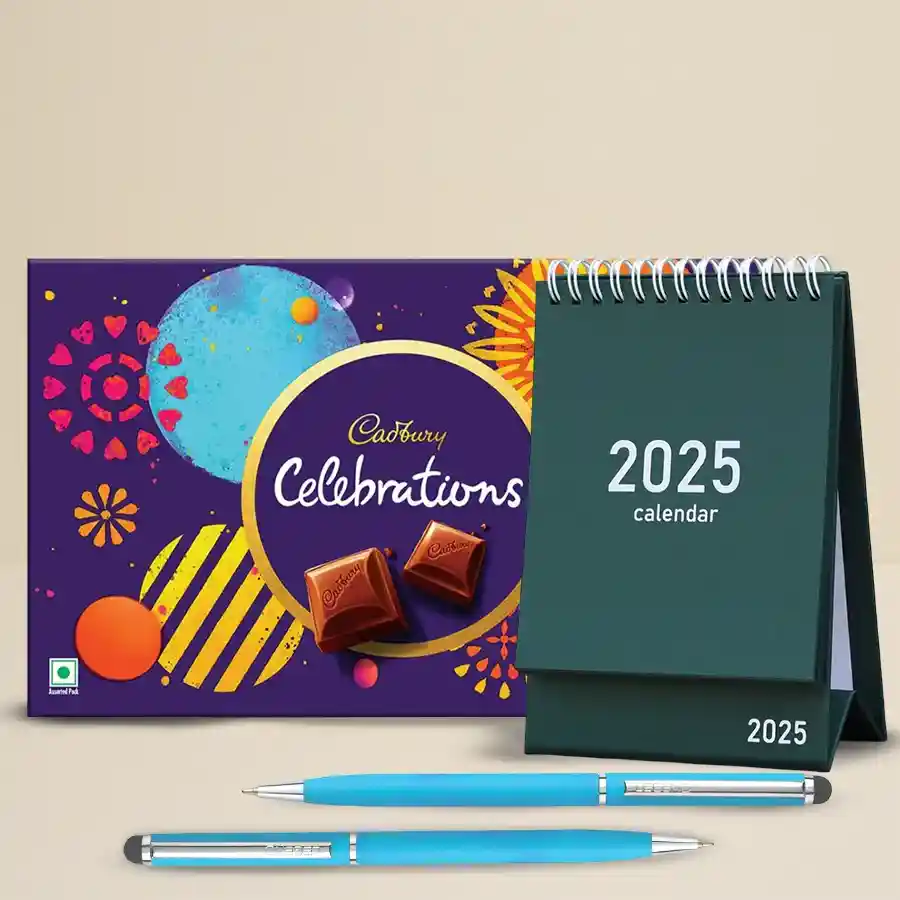 Cadbury Temptations and Assortments Combo with chocolates, ballpoint pens, and a small New Year tree