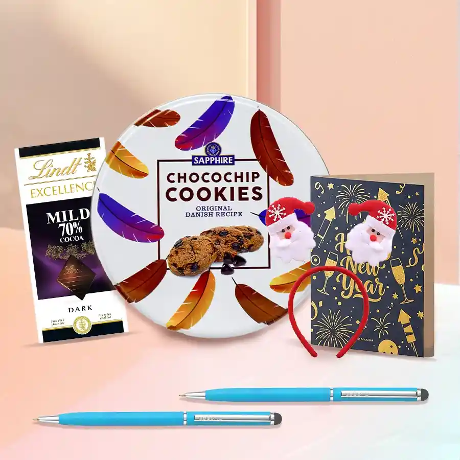 Delicious New Year Chocos n Cookies Combo featuring Lindt 70% Dark Cocoa, Sapphire Chocochips Cookies, 2-pack Ball Point Pens, Fancy LED Hairband, and New Year Greetings Card