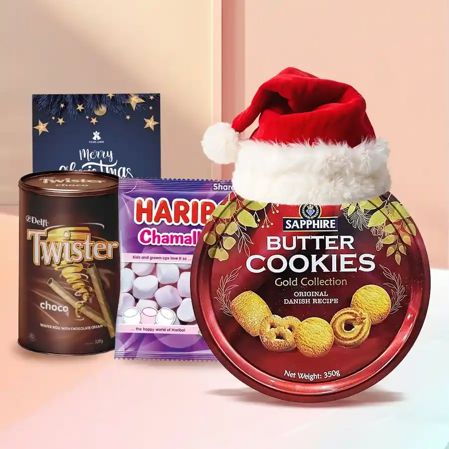 Yummy Cookies Wafers and Marshmellos Combo with Santa Claus cap and X-Mas card