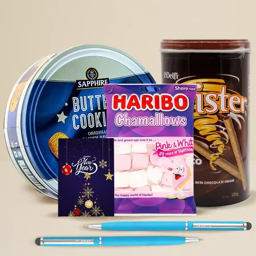 Delicious cookies, wafers, and marshmallows combo for Christmas gifting, including a tin of butter cookies, rolled wafers, marshmallows, stylish pens, and a festive card.