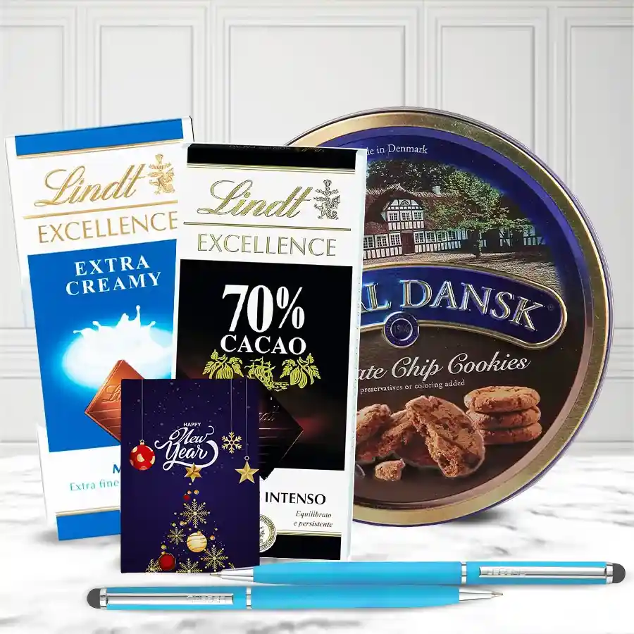 Yummy Chcocos N Cookies Combo featuring Danish cookies, Lindt chocolates, ballpoint pens, and a New Year card